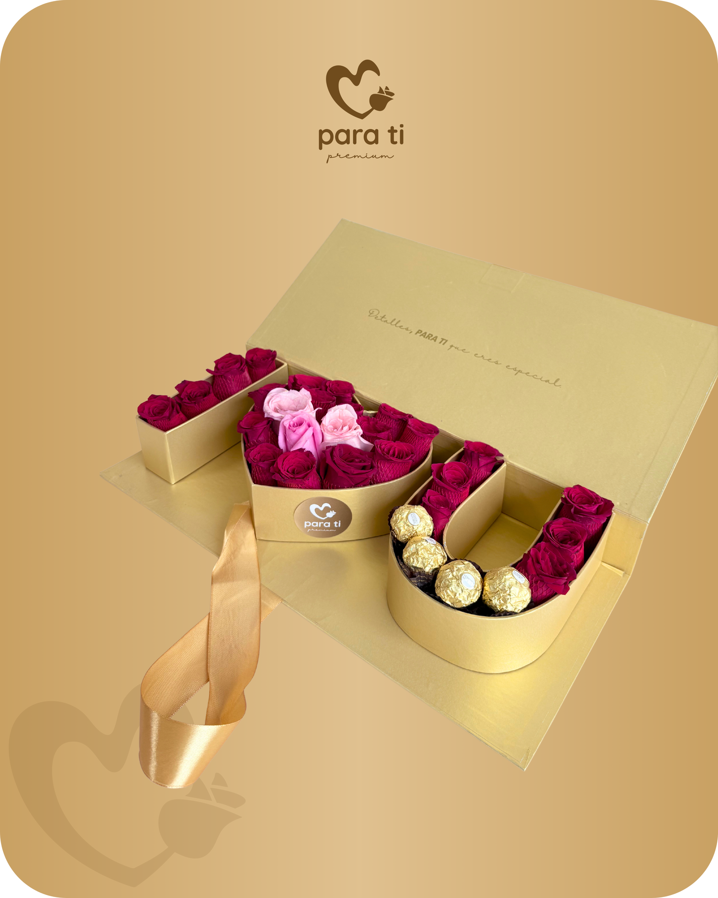 Caja I LOVE YOU | 26 rosas y Chocolates Ferrero Rocher en Caja Dorada Premium