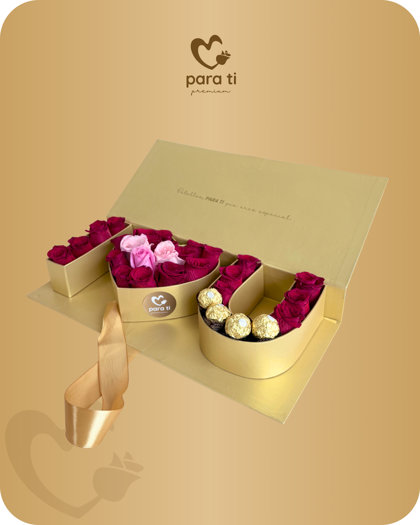 Caja I LOVE YOU | 26 rosas y Chocolates Ferrero Rocher en Caja Dorada Premium